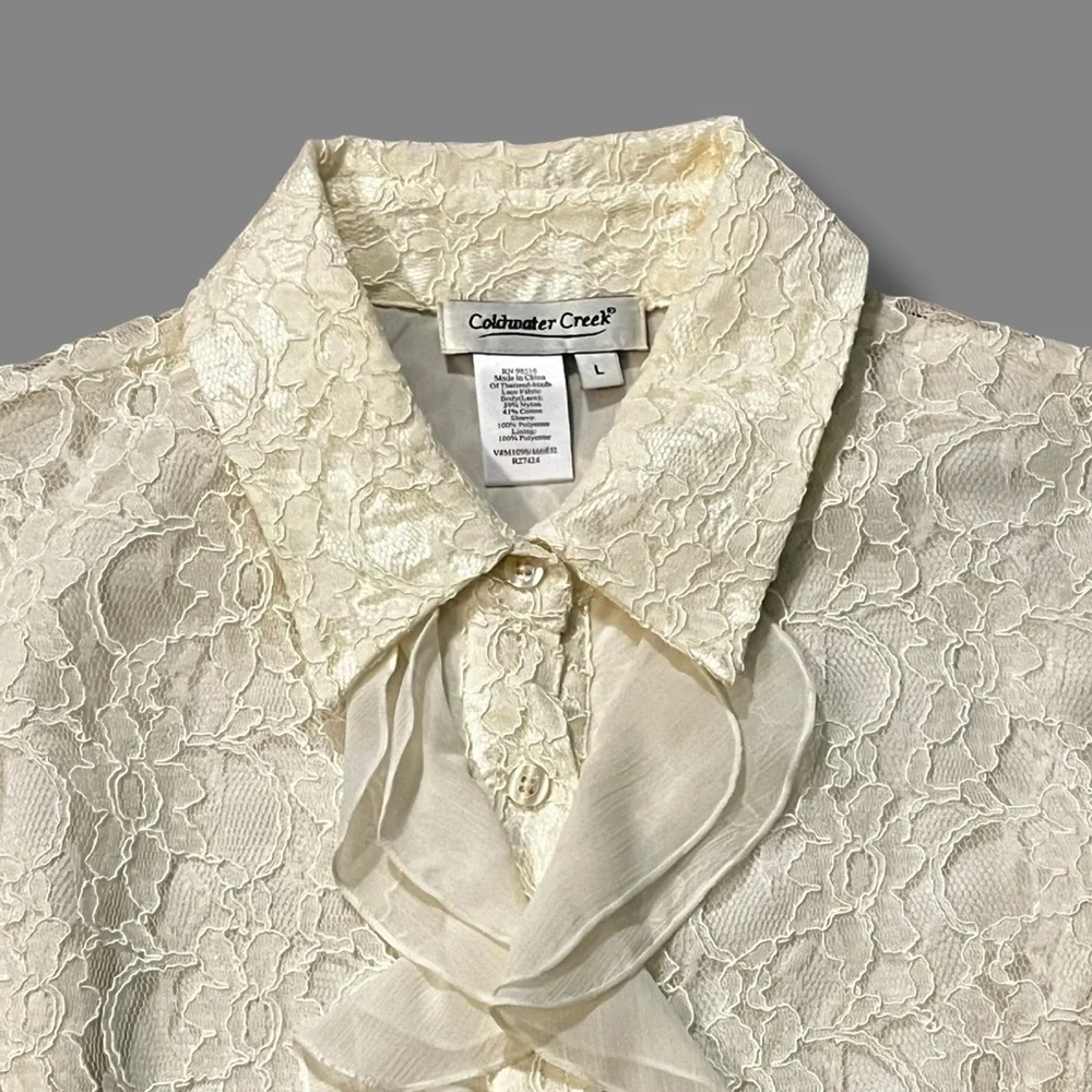 Coldwater Creek Blouse Lace Ruffle Button Up Cream Large 90s/Y2K - Picture 3 of 8